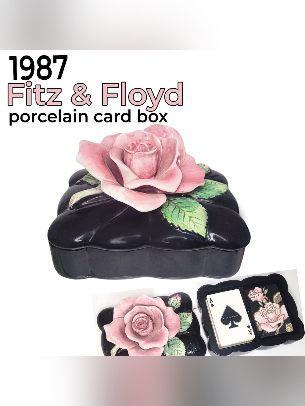 1987 Vintage Fitz & Floyd Porcelain 3-D Rose Box W/ Deck Of Cards